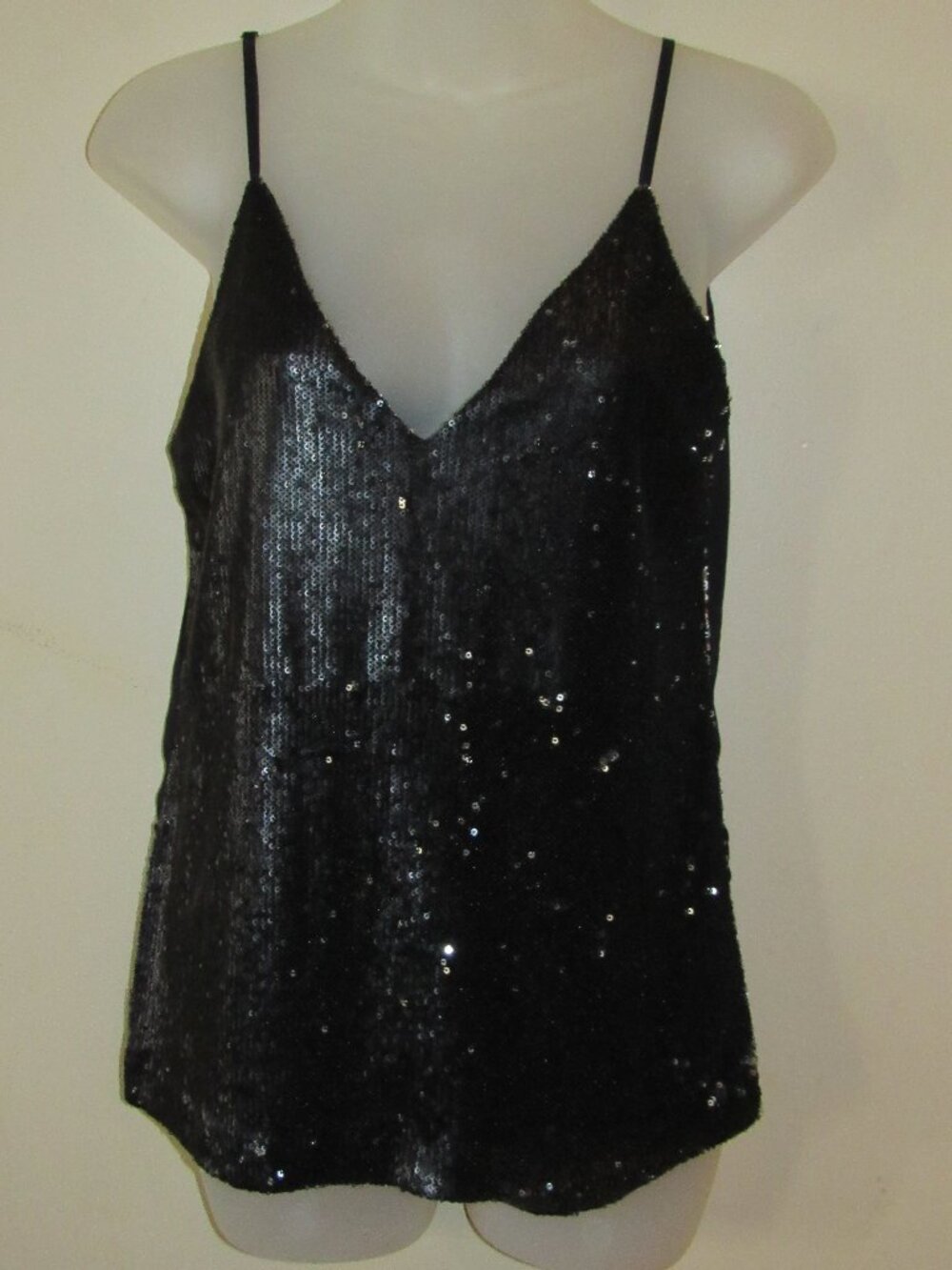 Habitual Black Sequin Front Sheer Chiffon Back V Neck Tank Top sz S Party Club
